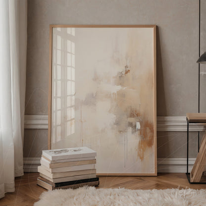 quadro abstracto em tons terrosos com moldura de madeira clara, apoiado em prateleira ao lado de pilha de livros