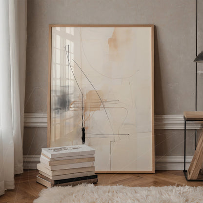quadro abstrato com linhas em tons de bege e preto em moldura de madeira clara, apoiado em uma parede texturizada