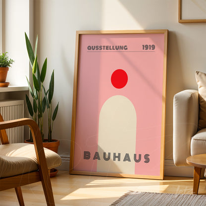 pôster impresso com arte minimalista do bauhaus em moldura clara apoiada em parede de sala moderna
