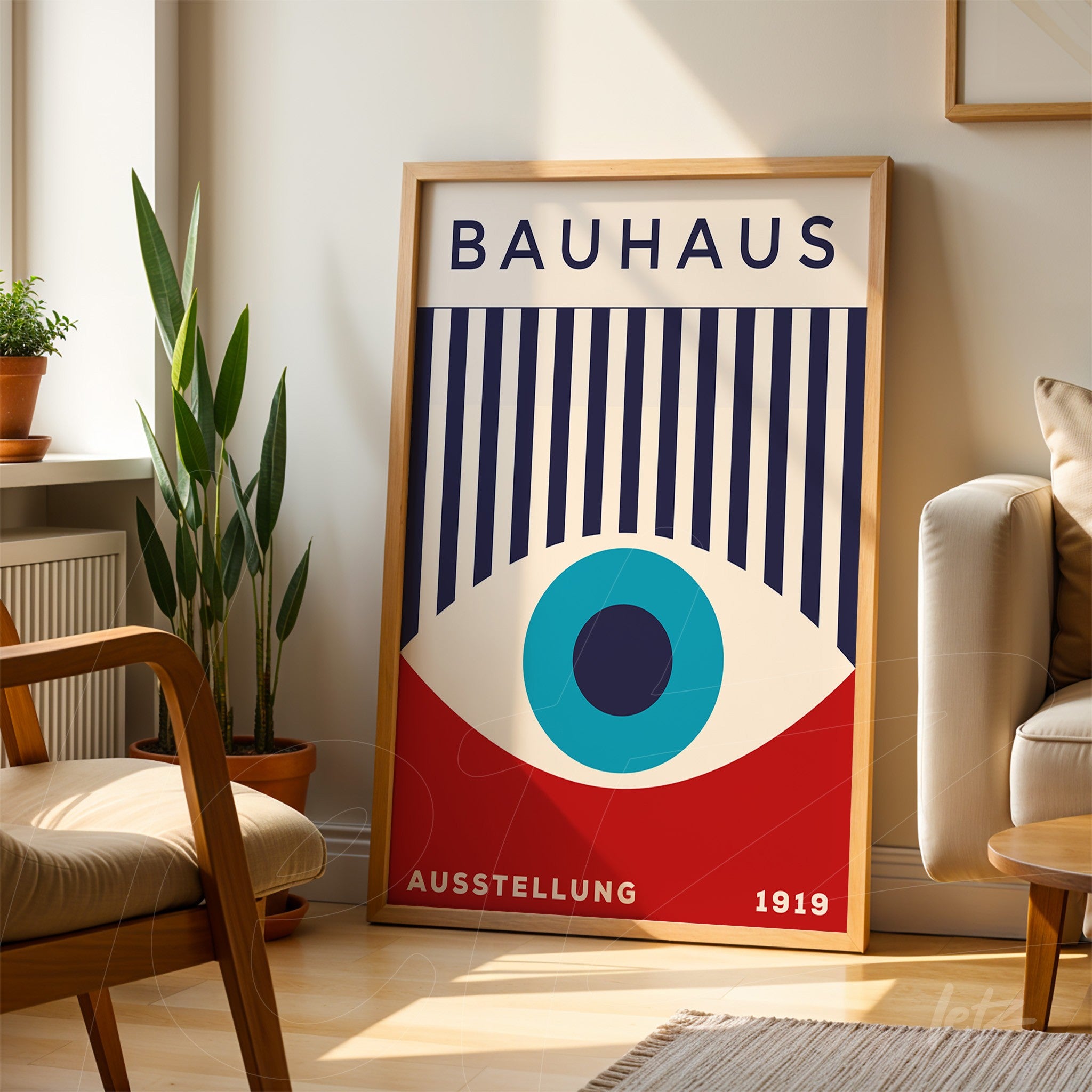 pôster com ilustração de estilo Bauhaus exibido em moldura de madeira clara, encostado em parede de sala iluminada, com plantas ao fundo
