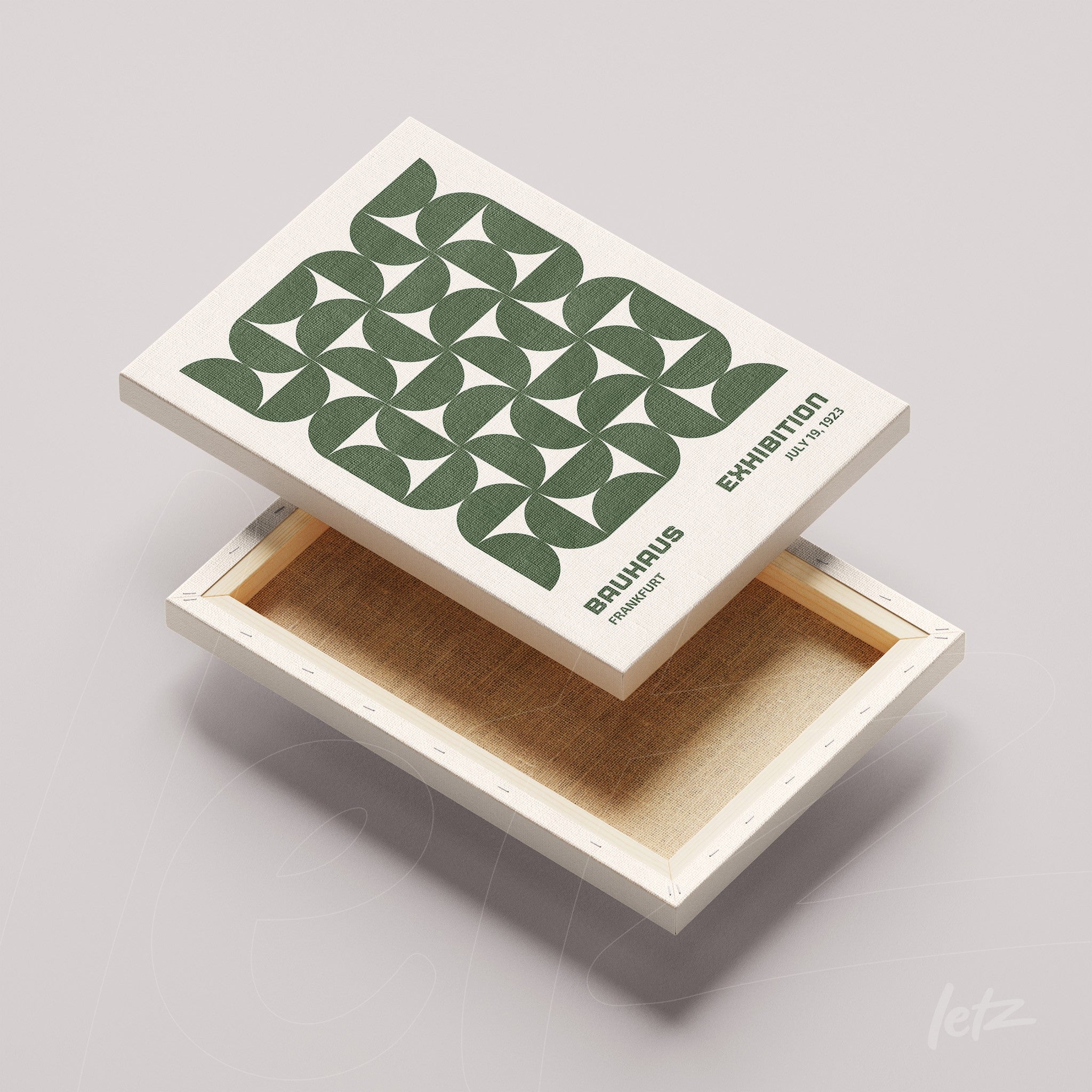 tela em canvas com arte geométrica verde e inscrições sobre exposição da Bauhaus