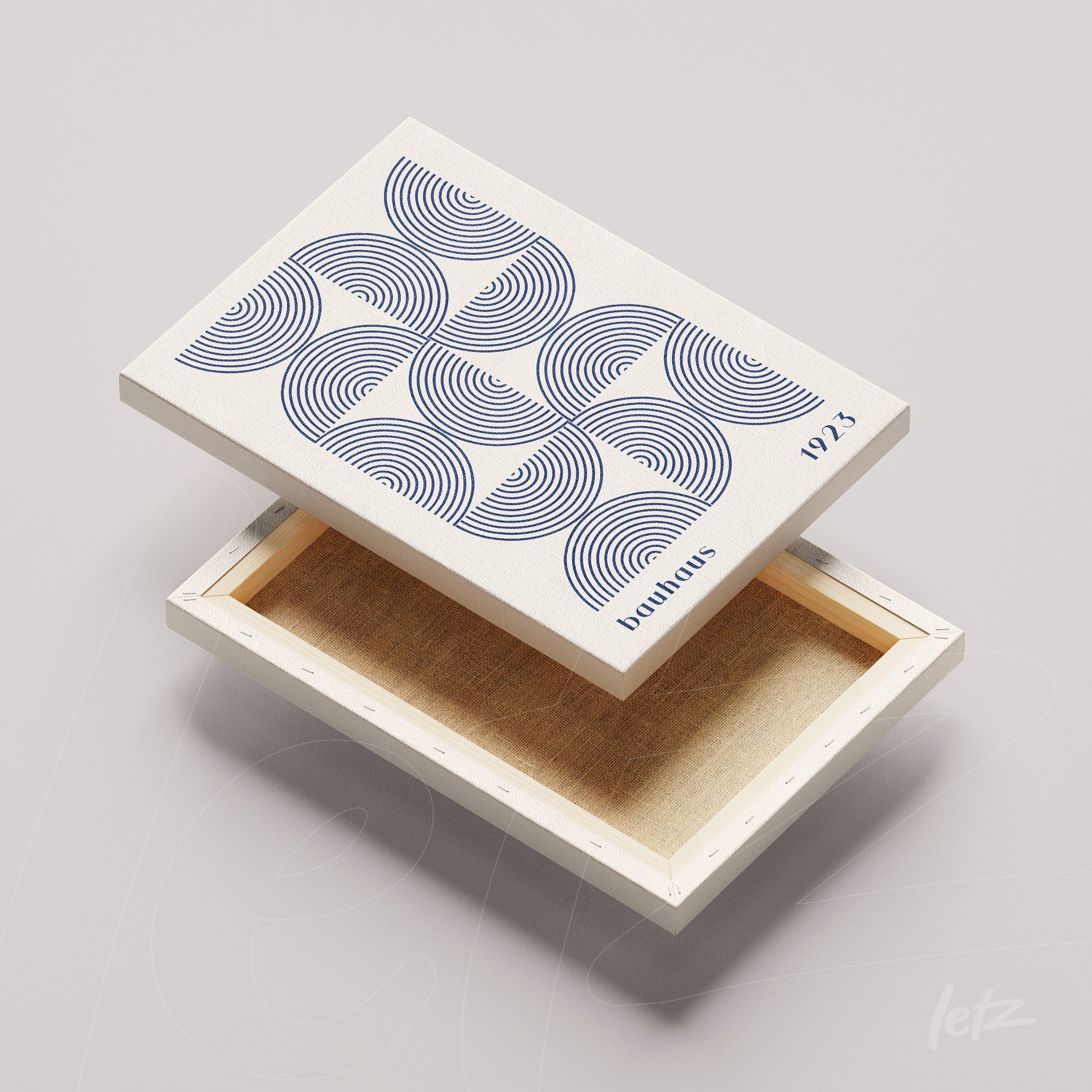 caixa de quadro com design geométrico de linhas curvas em azul sobre fundo branco, mostrando o interior vazio