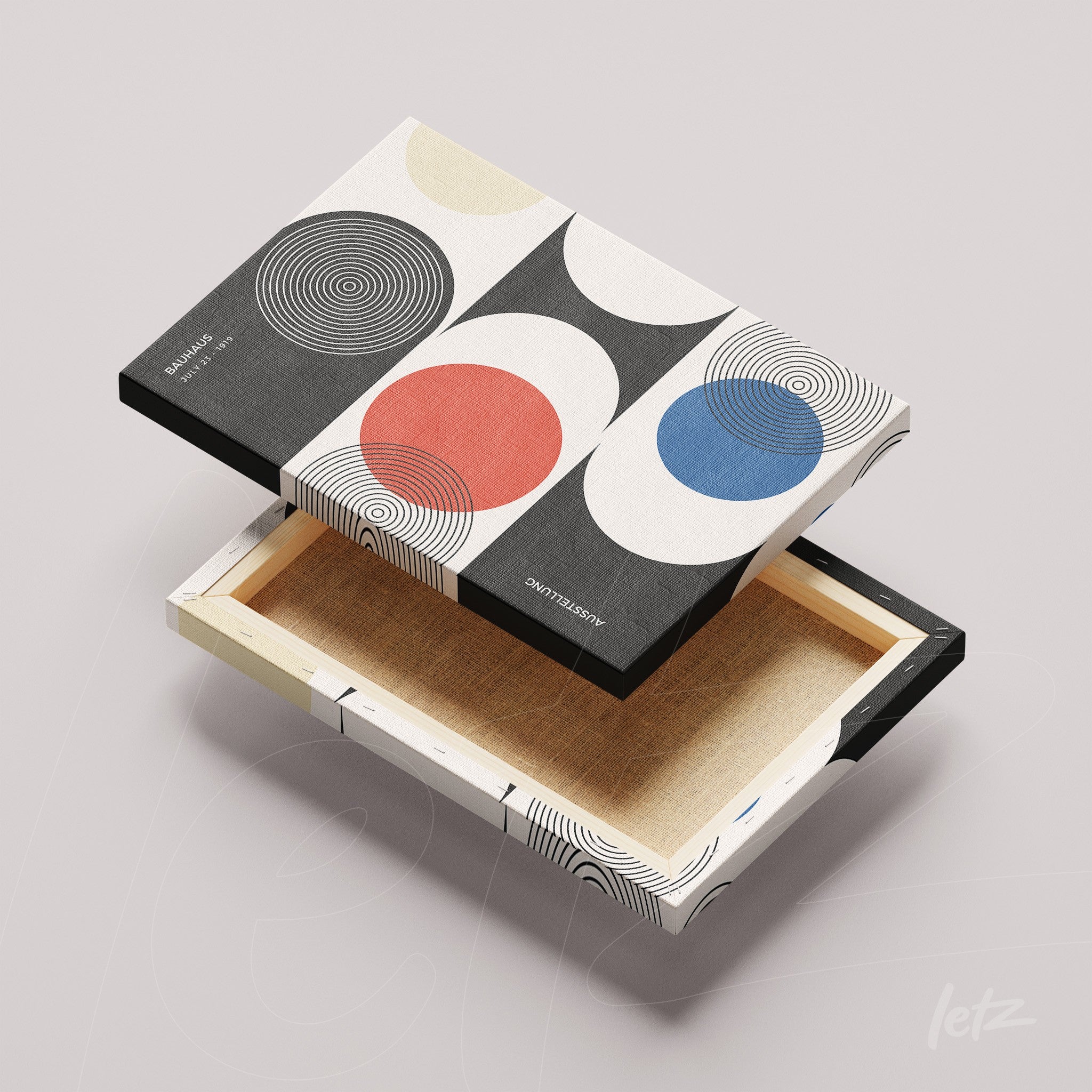 tela em canvas com design geométrico de círculos coloridos em fundo branco, exibida sobre fundo cinza claro