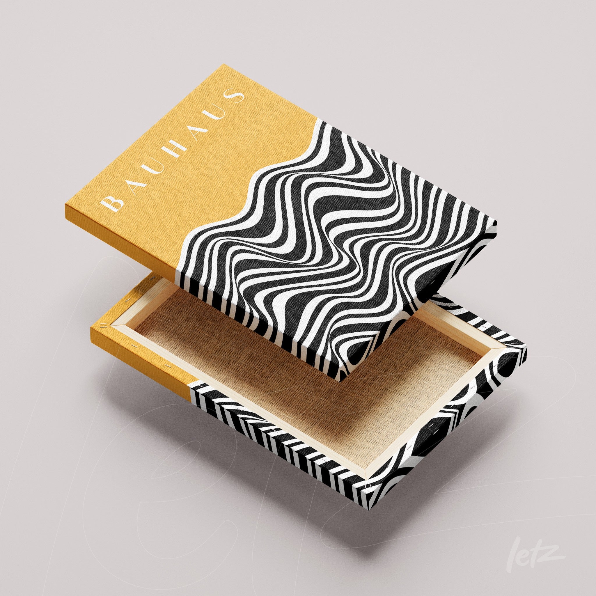 tela em canvas com ondas psicodélicas em preto e branco sobre fundo amarelo com palavra 'BAUHAUS' em branco, exposta sem moldura