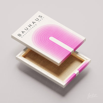 tela em canvas com design geométrico inspirado na Bauhaus exibida em ângulo aberto, mostrando a parte traseira e lateral da moldura