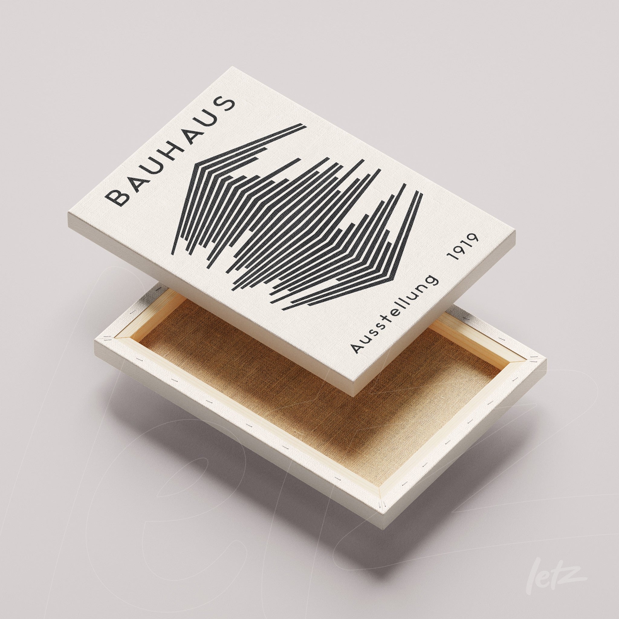 tela em canvas com arte geométrica bauhaus de linhas pretas e texto, exibida sobre fundo cinza claro