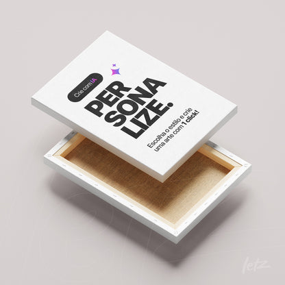 quadro em canvas branco com a palavra personalize em letras grandes e cor preta, aberto mostrando o interior sem impressão