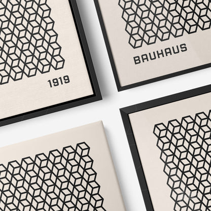 quadro em canvas com padrão geométrico preto e texto '1919' exibido em quatro ângulos diferentes