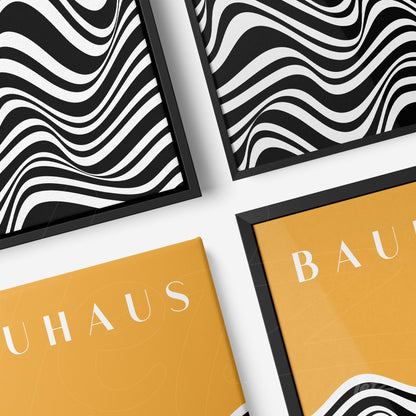composição com quadros geométricos em preto e branco e texto bauhaus em fundo mostarda, molduras pretas