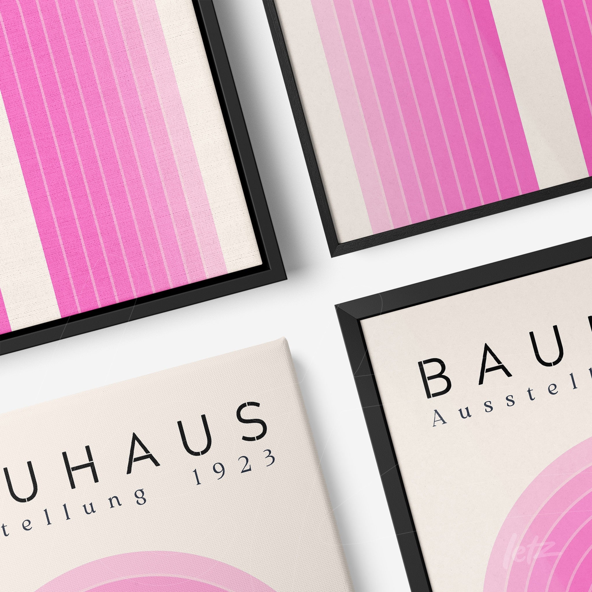 coleção de quadros inspirados na bauhaus com design geométrico em cor rosa e moldura preta
