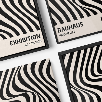 coleção de quadros em canvas com padrão de ondas pretas sobre fundo bege e texto exibido com datas e locais