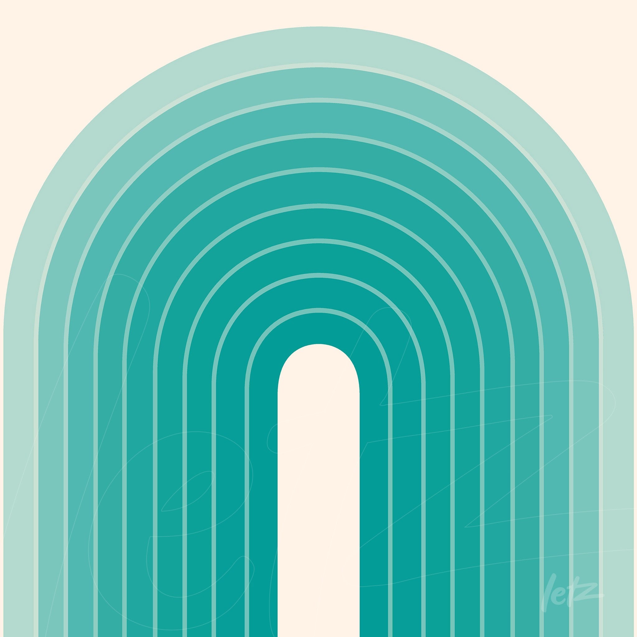 impressão de arte abstrata em tons de azul e verde com formas geométricas em arco