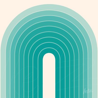 impressão de arte abstrata em tons de azul e verde com formas geométricas em arco