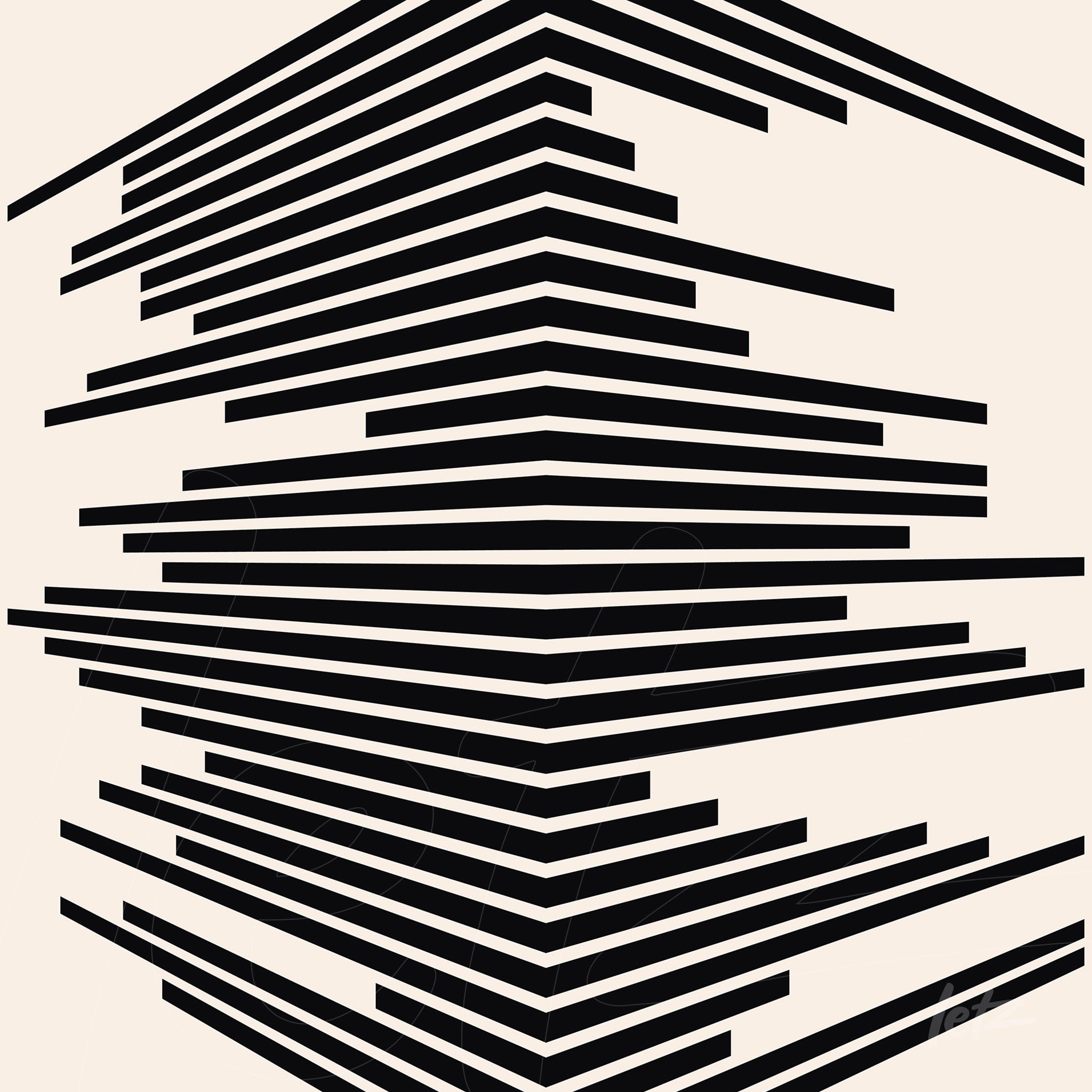 arte geométrica em preto sobre fundo claro com linhas anguladas formando padrões simétricos