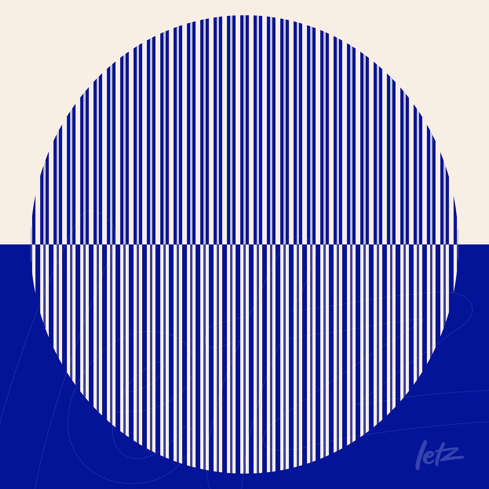 arte abstrata com círculo de listras verticais azuis em fundo dividido entre branco e azul