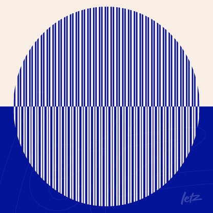 arte abstrata com círculo de listras verticais azuis em fundo dividido entre branco e azul