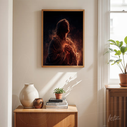 quadro em moldura de madeira clara retratando figura contemplativa com fundo escuro e iluminado