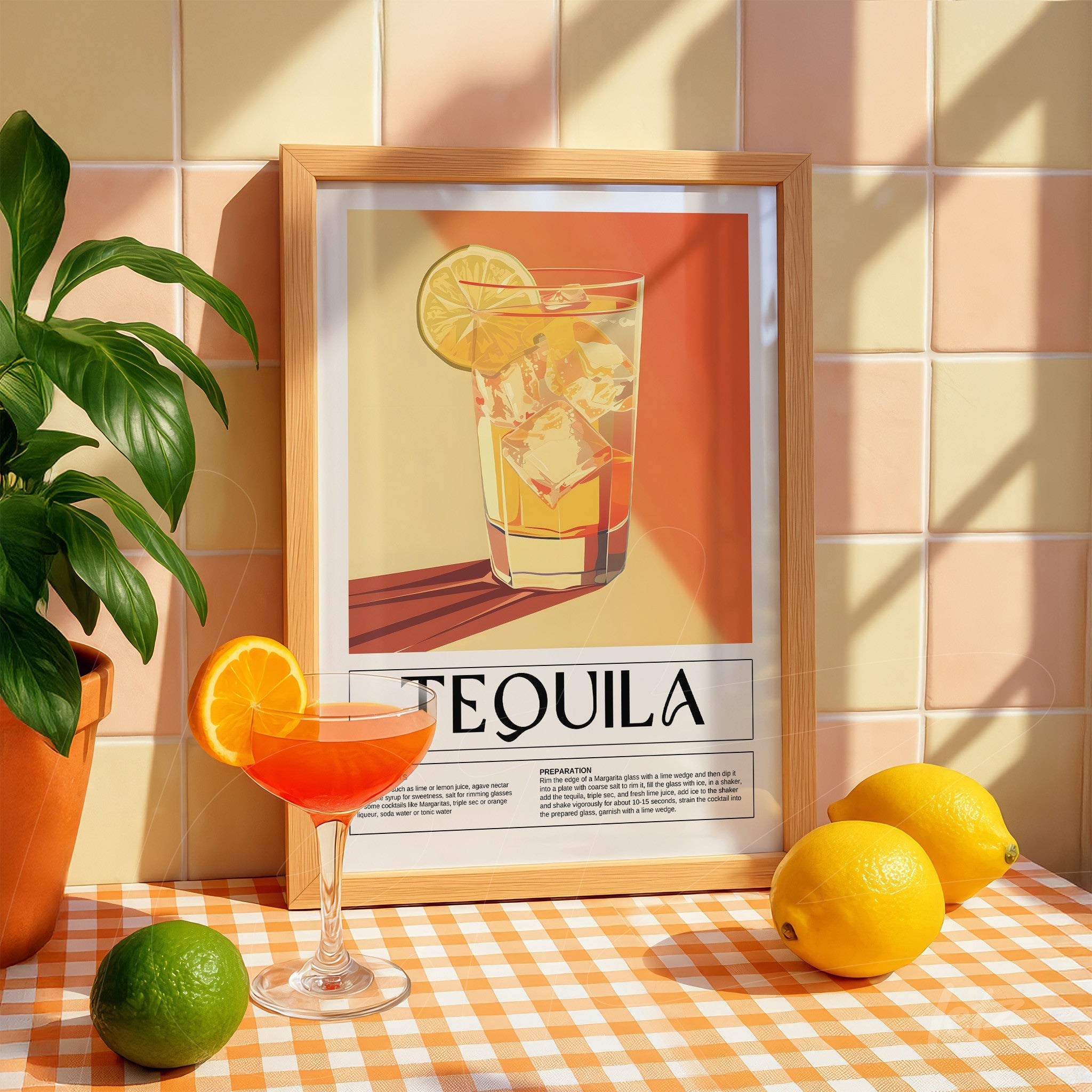 quadro emoldurado com arte retrô do drink tequila em fundo laranja, ao lado de limões e laranjas, apoiado sobre superfície xadrez