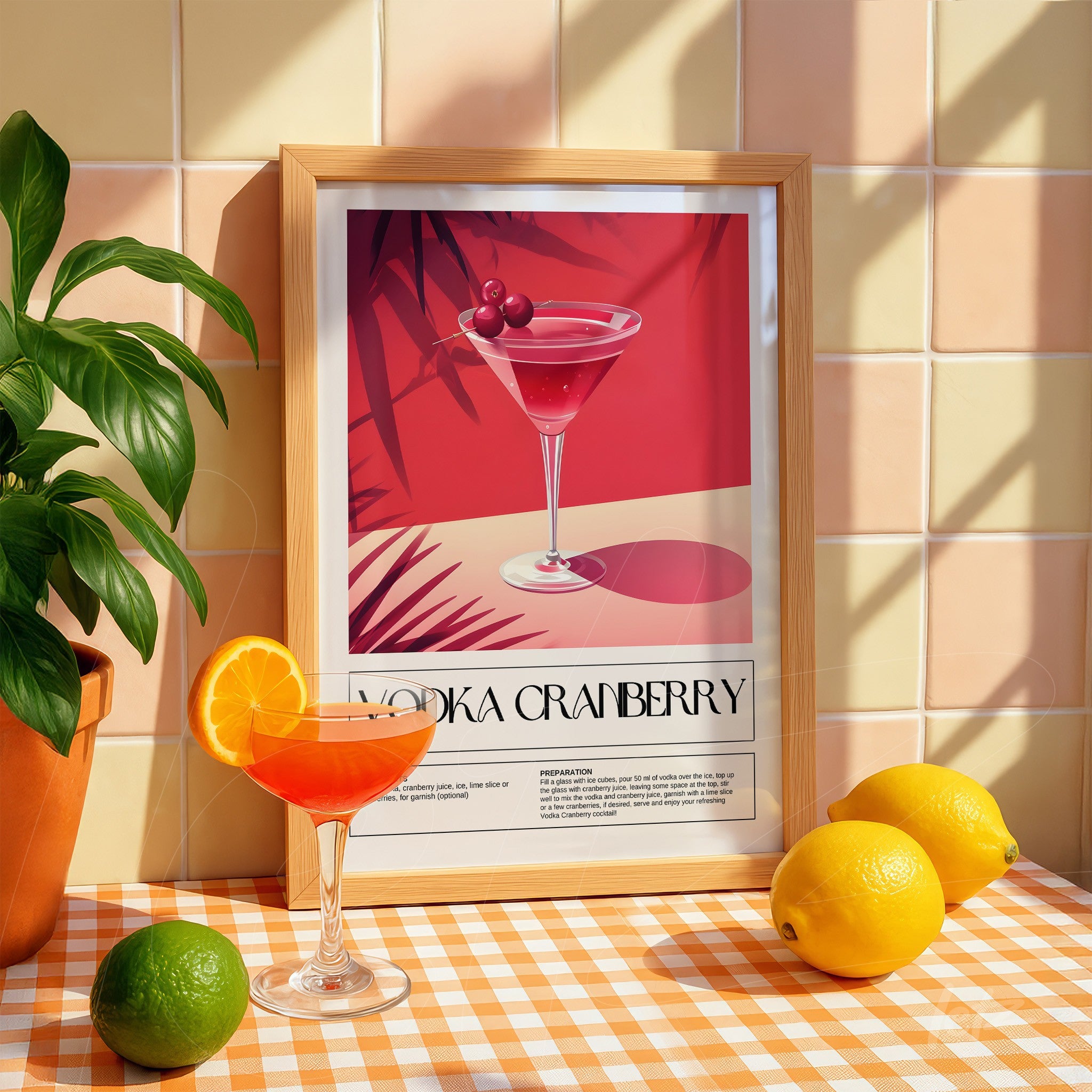 quadro com arte vintage do drink vodka cranberry em moldura de madeira clara, rodeado por limões e laranjas em ambiente iluminado