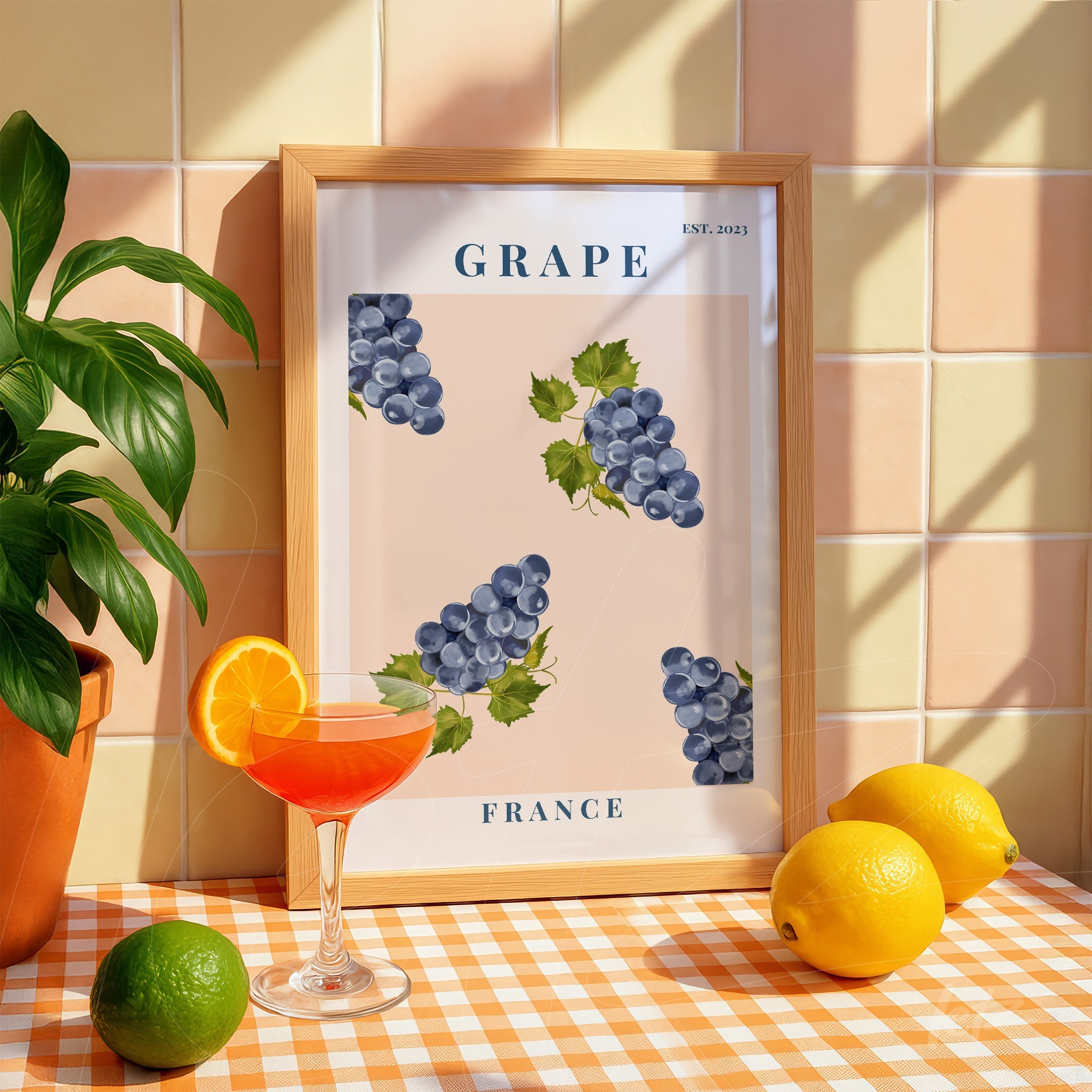 quadro com arte gráfica de uvas azuis envolvidas por folhas verdes em moldura de madeira clara, exibido em superfície com toalha xadrez laranja e branquinha