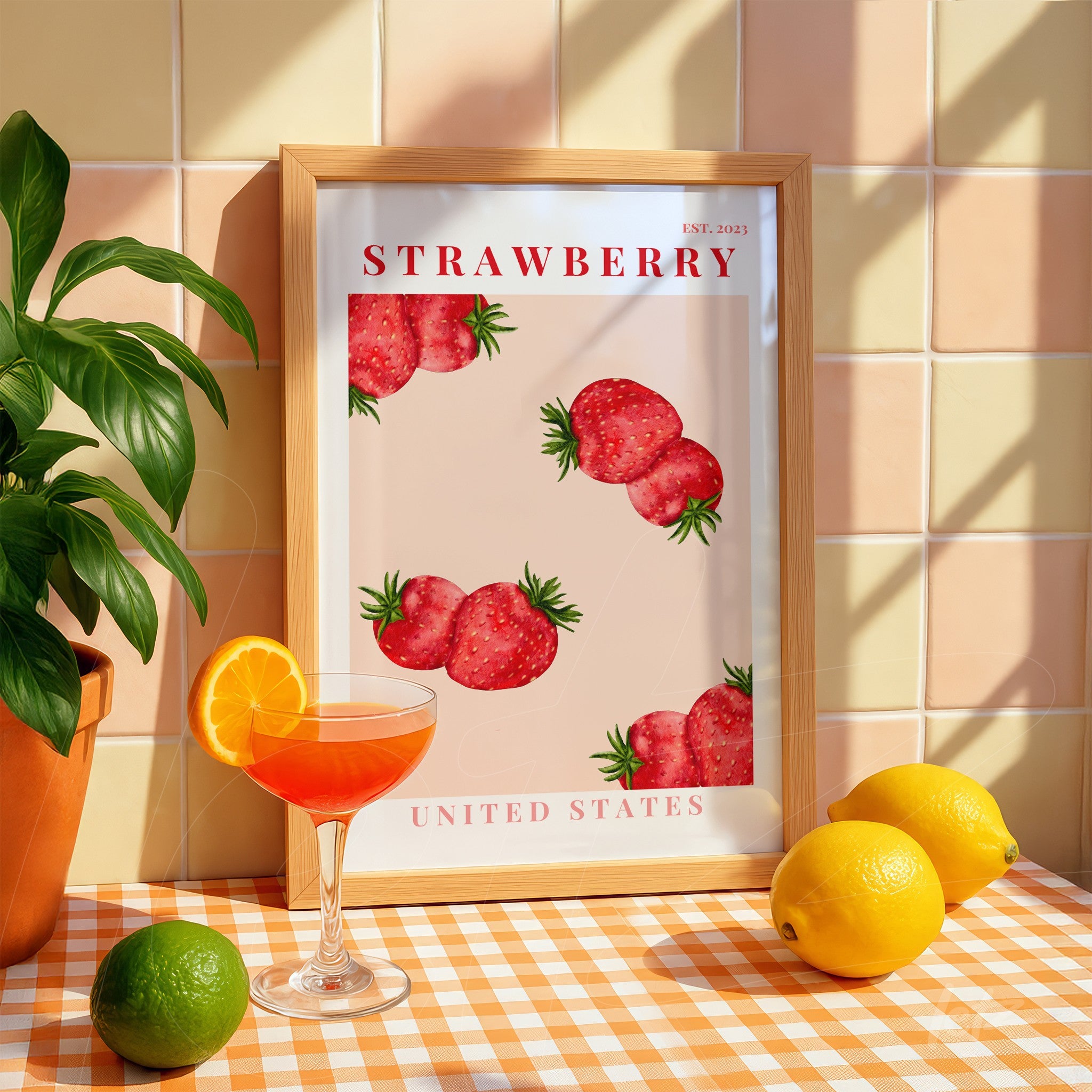 quadro com ilustração de morangos em moldura de madeira clara e fundo rosa, decorado com frutas cítricas e planta em vaso