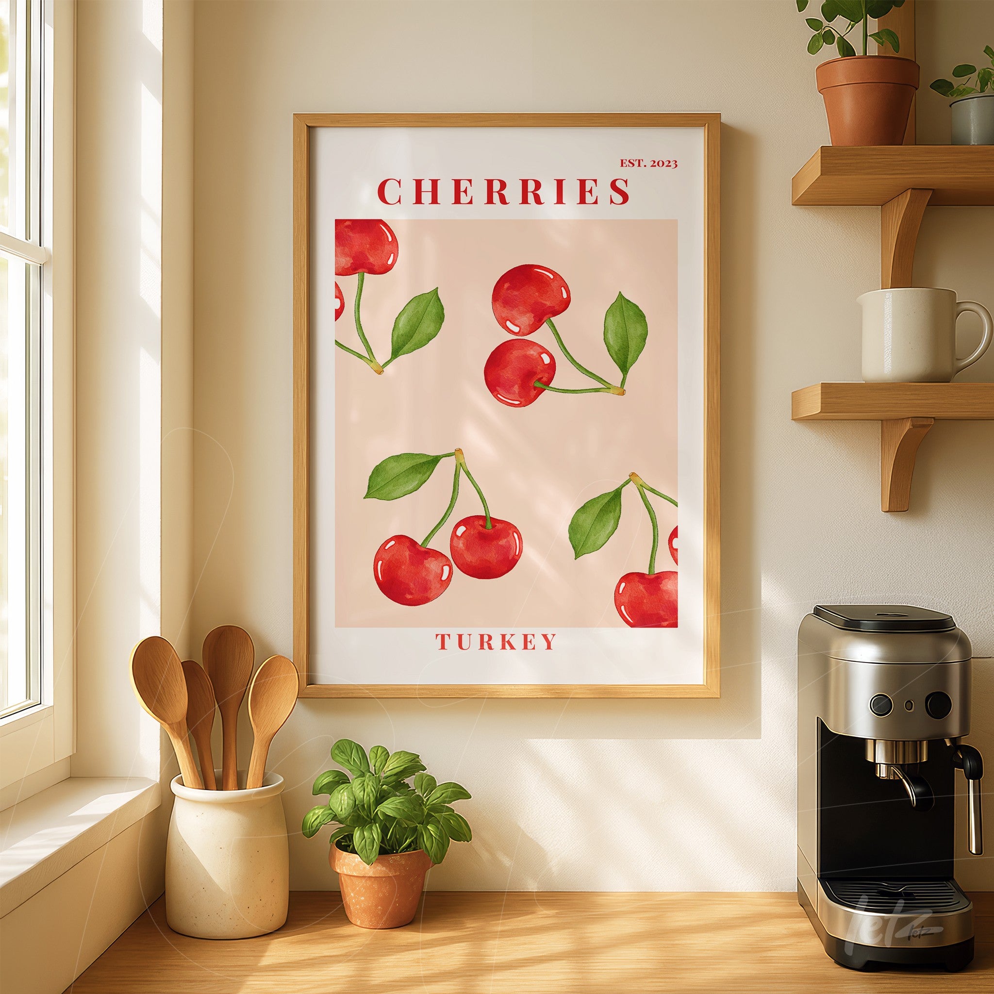 quadro com ilustração de cerejas vermelhas em fundo rosa claro, moldura de madeira clara e texto que diz 'CHERRIES TURKEY'