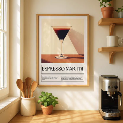 quadro com arte retrô de drink espresso martini em moldura de madeira clara, exibido em uma cozinha com prateleira de madeira e planta ao fundo