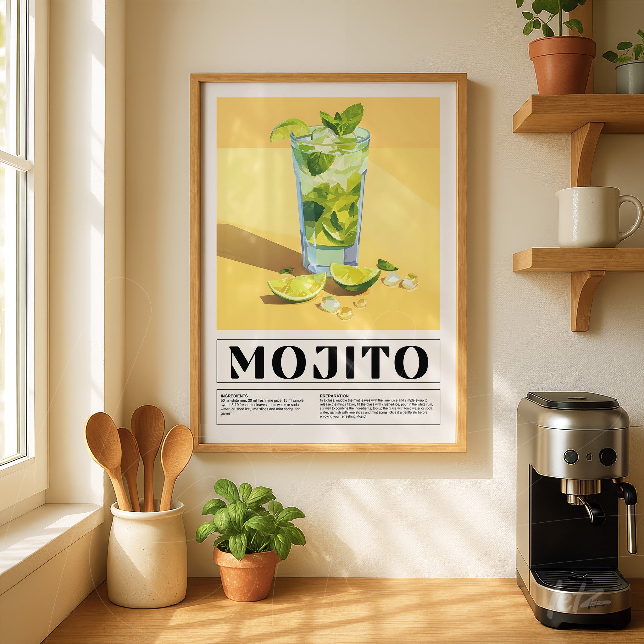 quadro com arte ilustrativa de um mojito, com copo de bebida ao lado de limões fatiados, em moldura de madeira clara, exibido sobre parede amarela