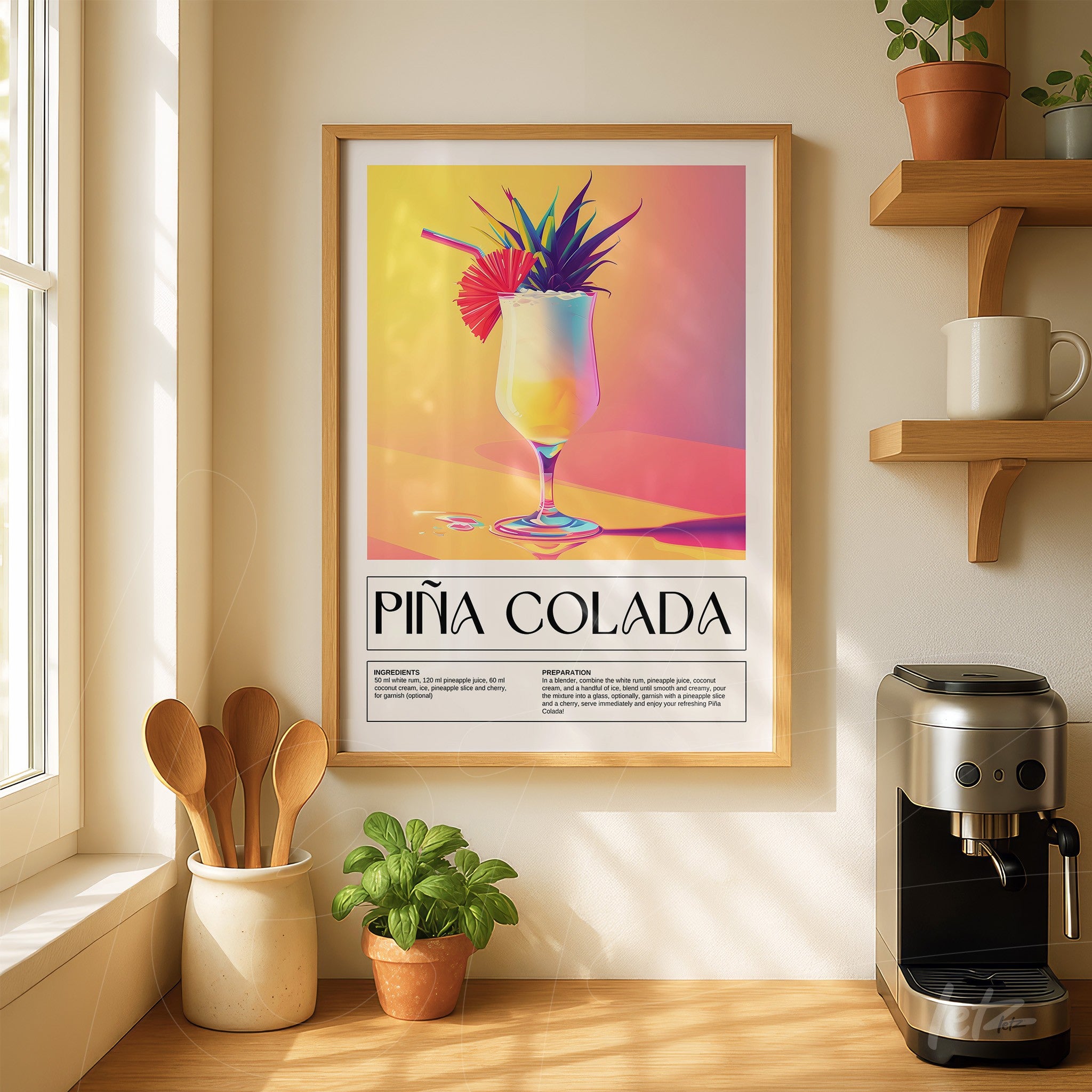 quadro com ilustração vibrante de um drink piña colada em moldura de madeira clara, exibido sobre uma prateleira de madeira com utensílios de cozinha ao fundo