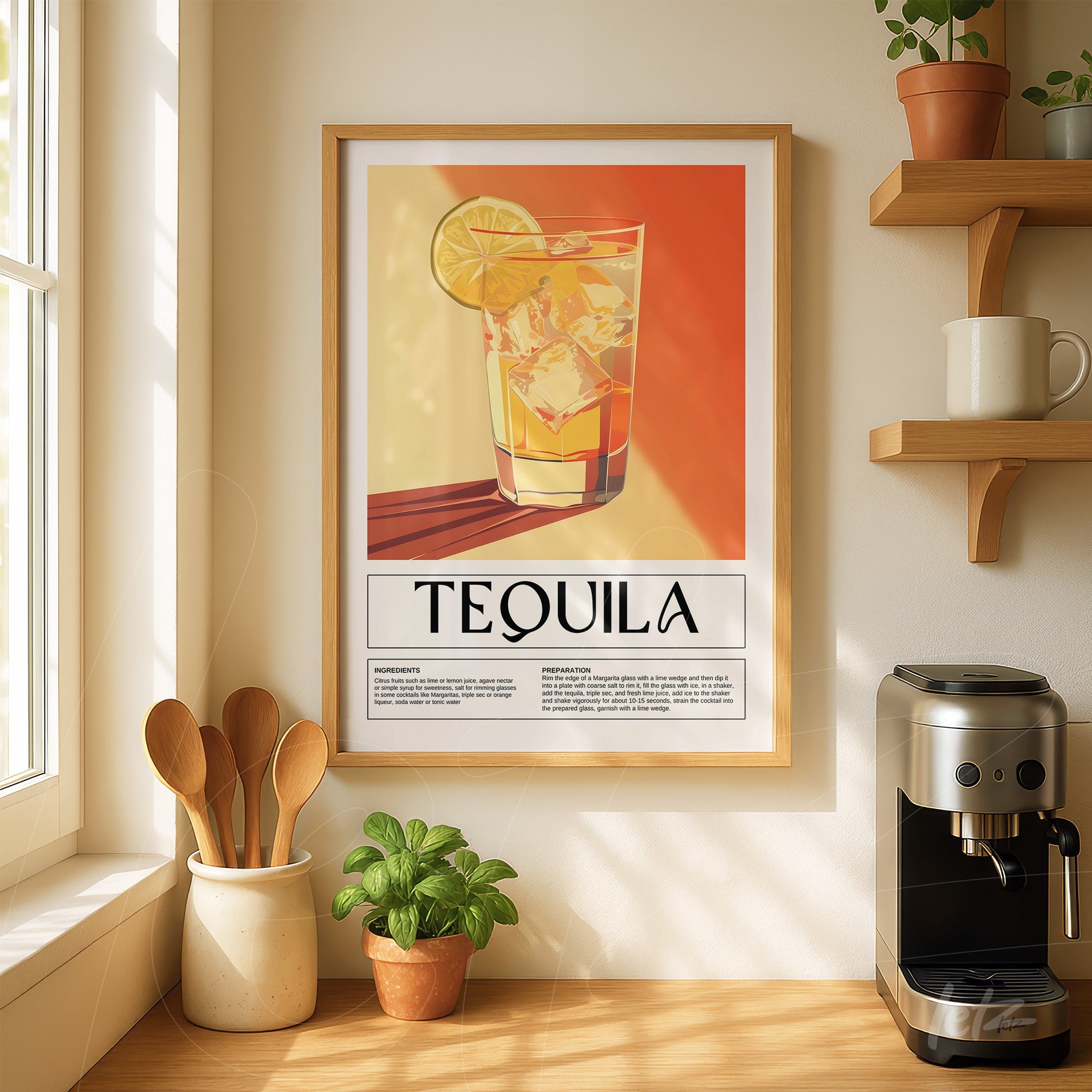 quadro com arte gráfica de drink tequila em moldura de madeira clara, exibido sobre parede iluminada com plantas ao fundo