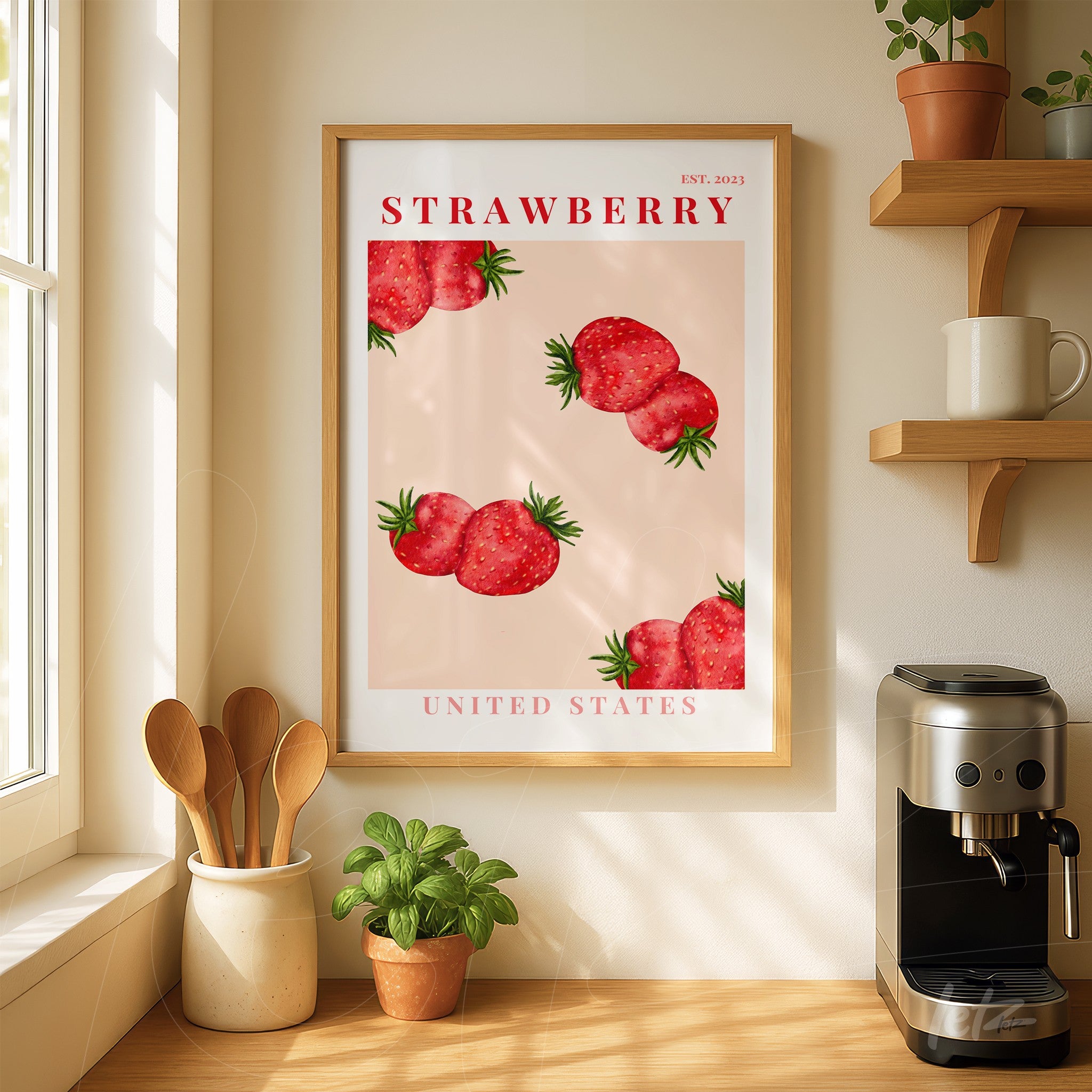 quadro com ilustração de morangos sobre fundo rosa, moldura de madeira clara, exposto em parede de cozinha com prateleira de madeira