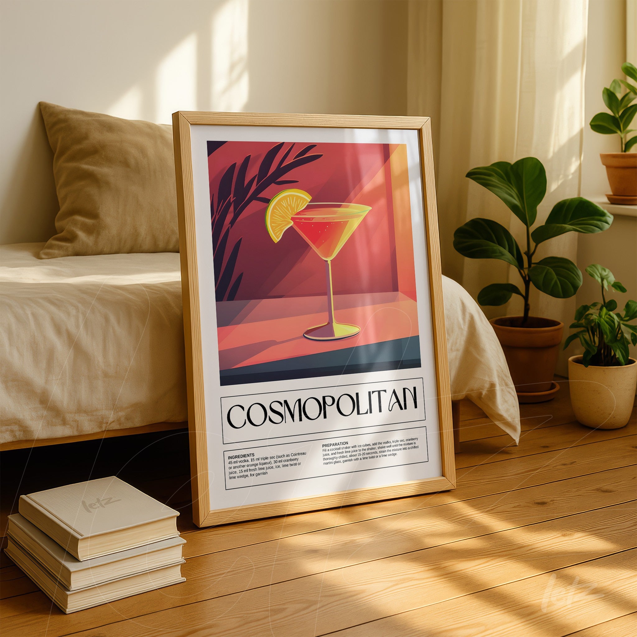 quadro com arte vintage do drink cosmopolitan em moldura clara, apoiado sobre pilha de livros em um ambiente acolhedor