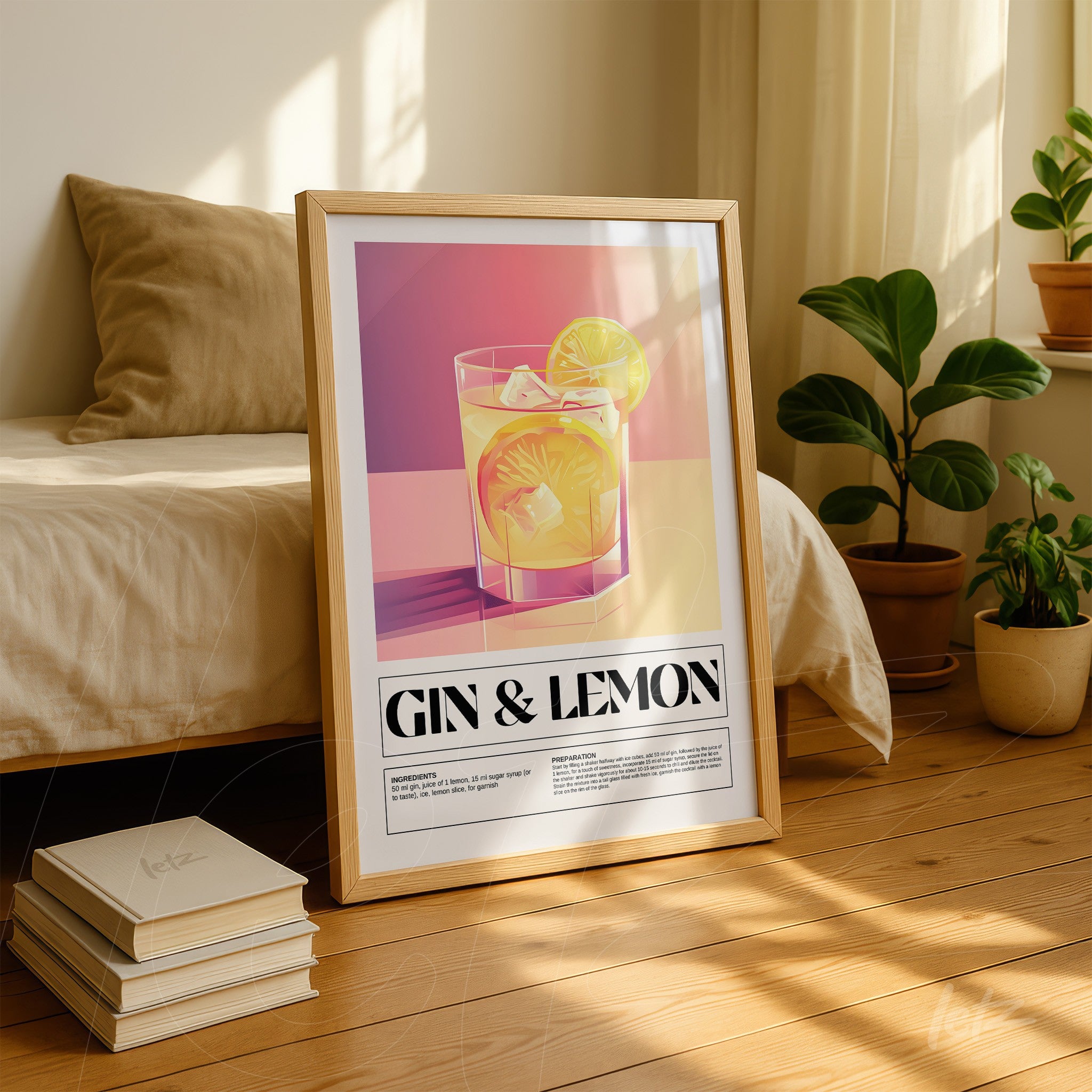 quadro com arte minimalista de drink gin com limão em moldura de madeira clara
