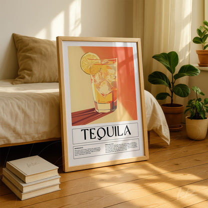 quadro com ilustração de drink tequila em moldura de madeira clara sobre chão de madeira