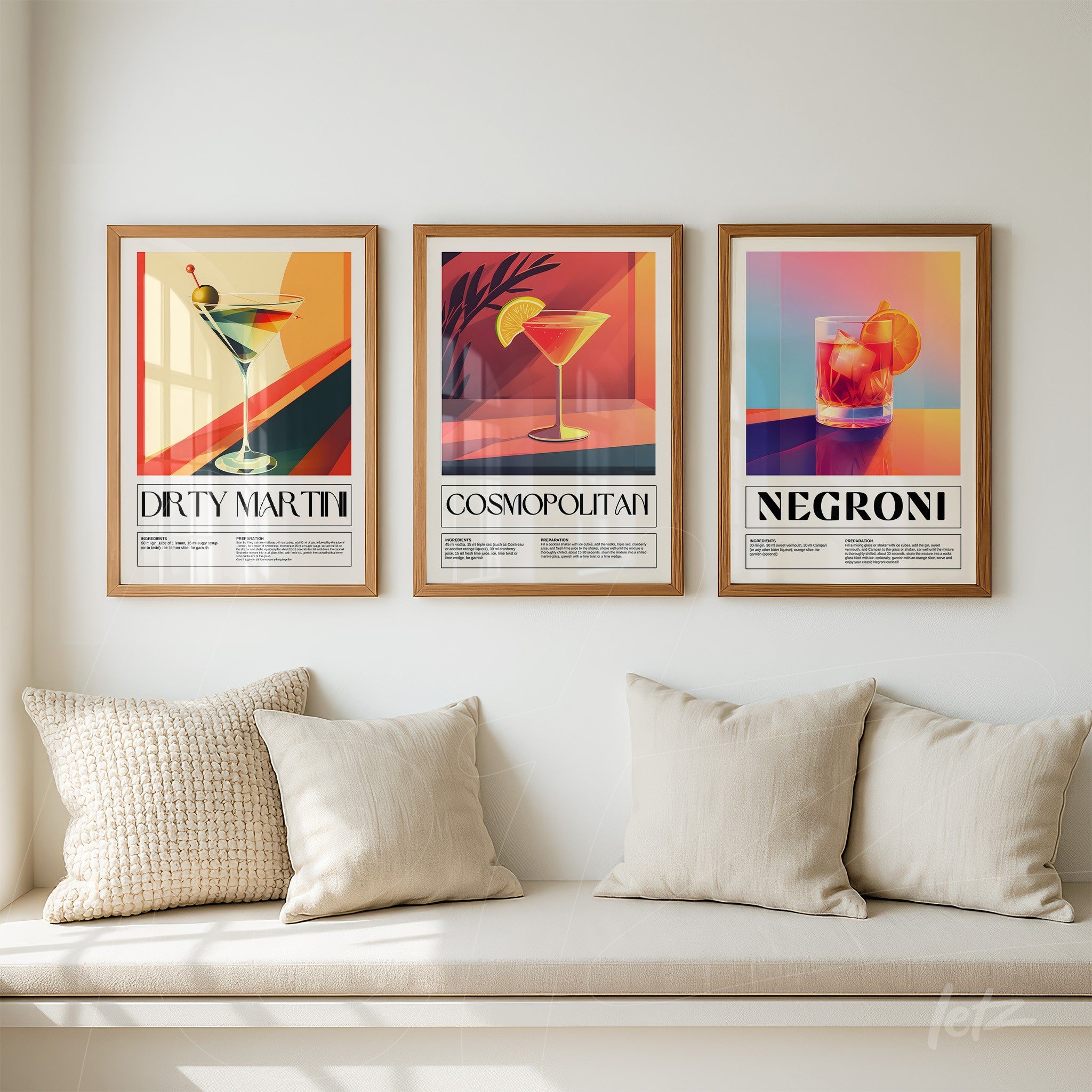 série de quadros decorativos com ilustrações de drinks, incluindo dirty martini, cosmopolitan e negroni, em molduras de madeira clara
