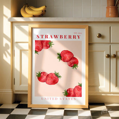 quadro decorativo com ilustração de morangos sobre fundo rosa, moldura de madeira clara e texto em vermelho