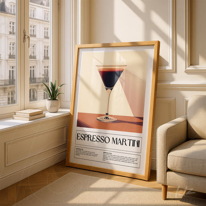 quadro com arte moderna do drink espresso martini em moldura de madeira clara, apoiado ao lado de uma janela com luz natural