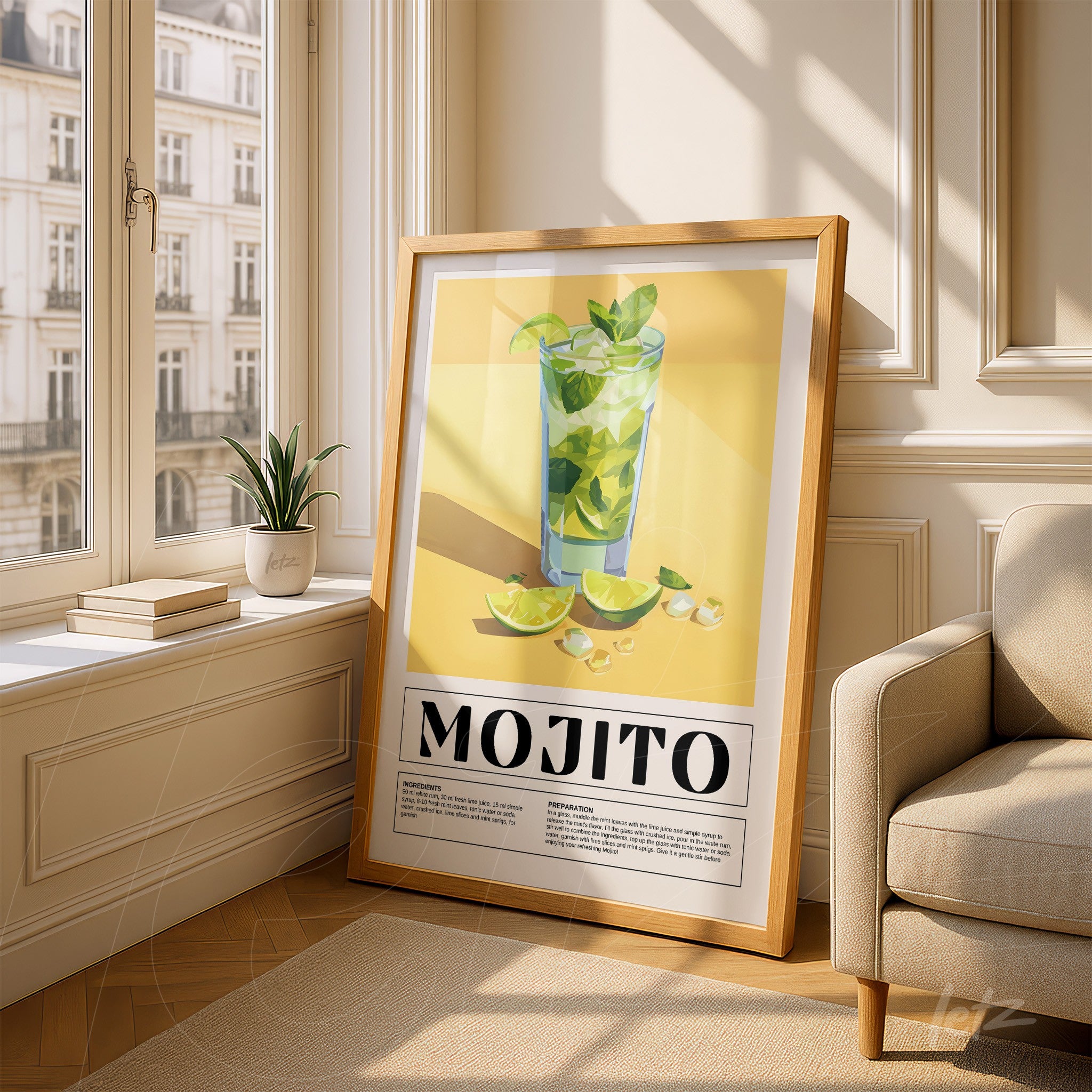 quadro com arte ilustrativa de drink mojito em moldura de madeira clara com fundo amarelo
