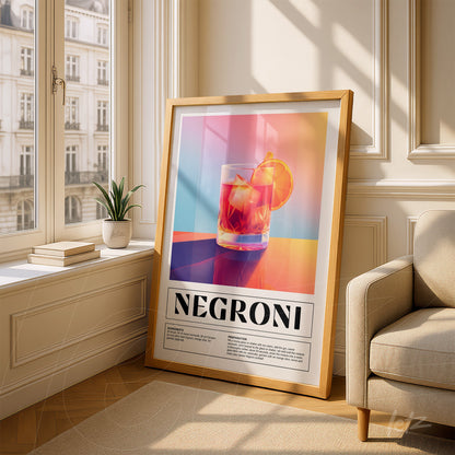 quadro emoldurado com arte colorida do drink negroni em uma composição vibrante, exibido ao lado de uma planta em vaso