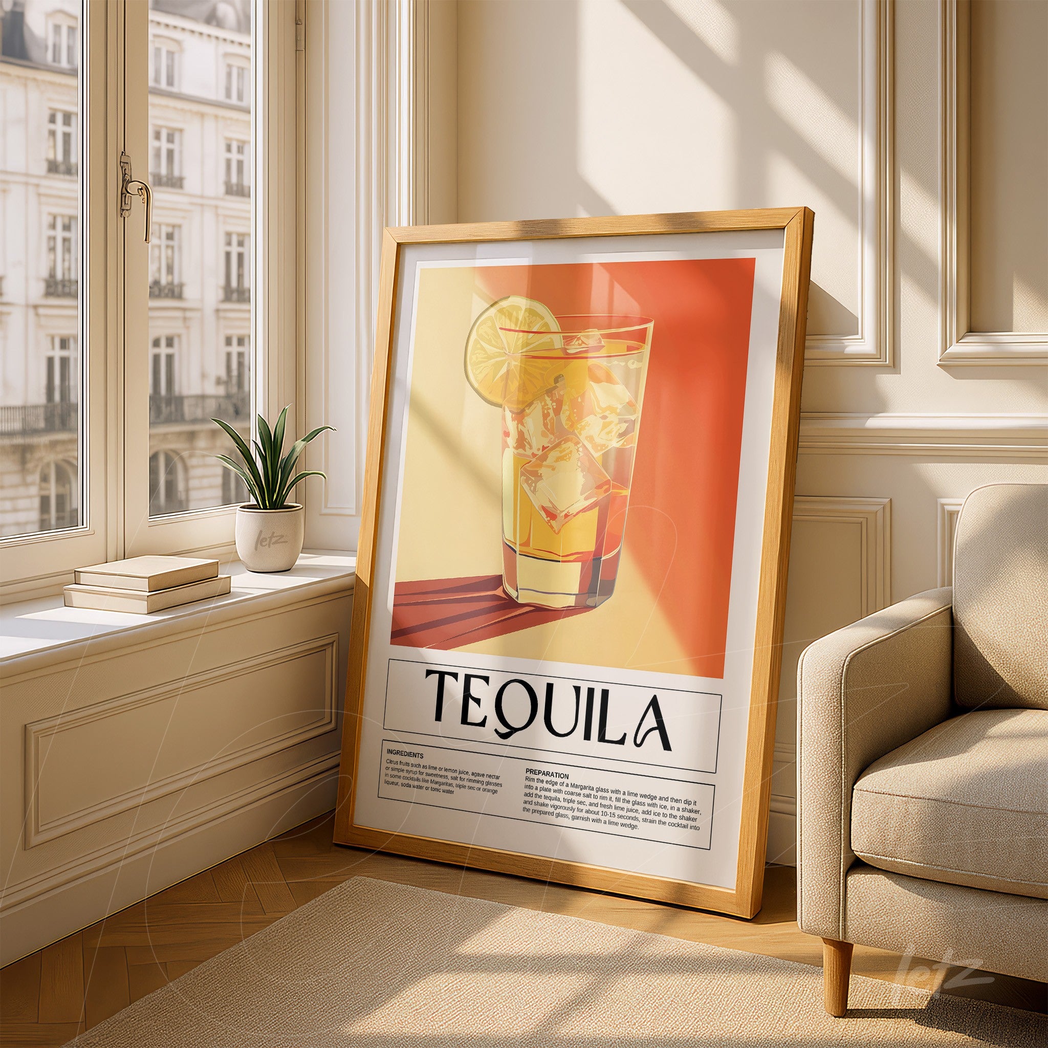 quadro emoldurado com arte de drink tequila, apresentado em ambiente iluminado com parede clara e móvel bege