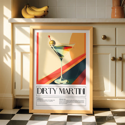quadro com arte retrô de cocktail dirty martini em moldura de madeira clara