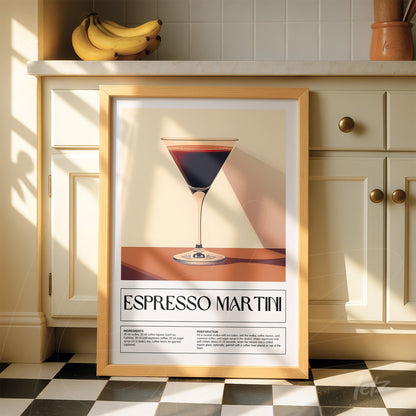 quadro com arte minimalista do drink espresso martini, exibido sobre parede de cozinha clara com luz natural