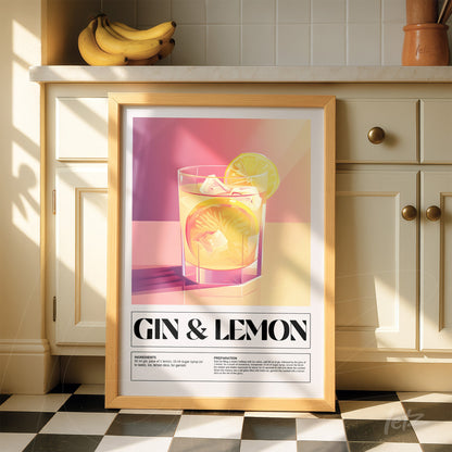 quadro com arte moderna de drink gin com limão em moldura de madeira clara