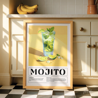 quadro com arte digital do drink mojito em moldura de madeira clara, exibido ao lado de bananas em bancada de cozinha
