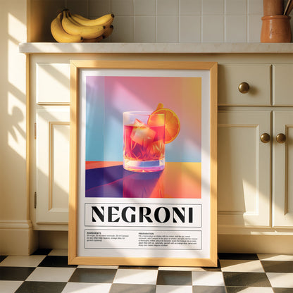 quadro com arte digital de drink negroni em moldura clara, exibido em ambiente de cozinha com luz natural