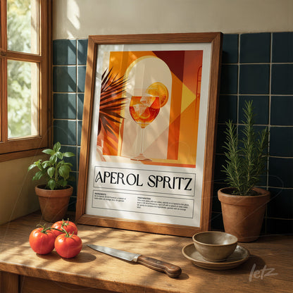 quadro emoldurado com ilustração de drink aperol spritz em ambiente de cozinha, acompanhado de tomates e ervas em vasos