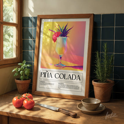 quadro com arte colorida de drink piña colada em moldura de madeira, exibido sobre mesa de madeira ao lado de tomate e plantas