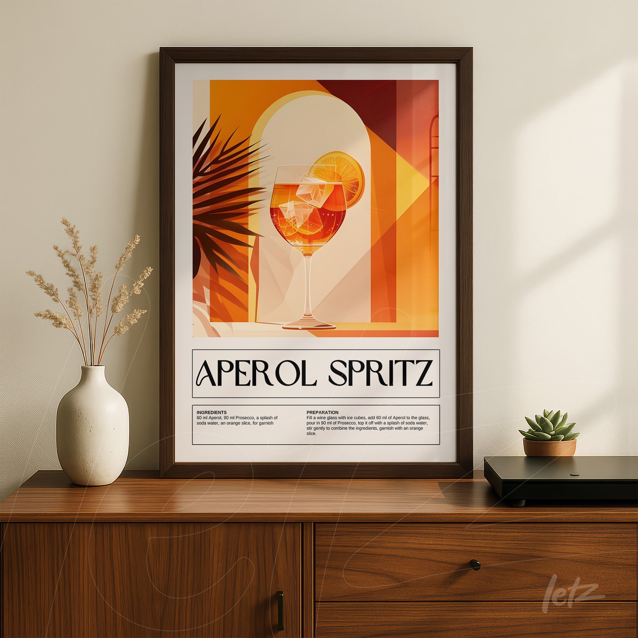 quadro com arte retrô de drink aperol spritz em moldura escura