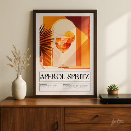 quadro com arte retrô de drink aperol spritz em moldura escura