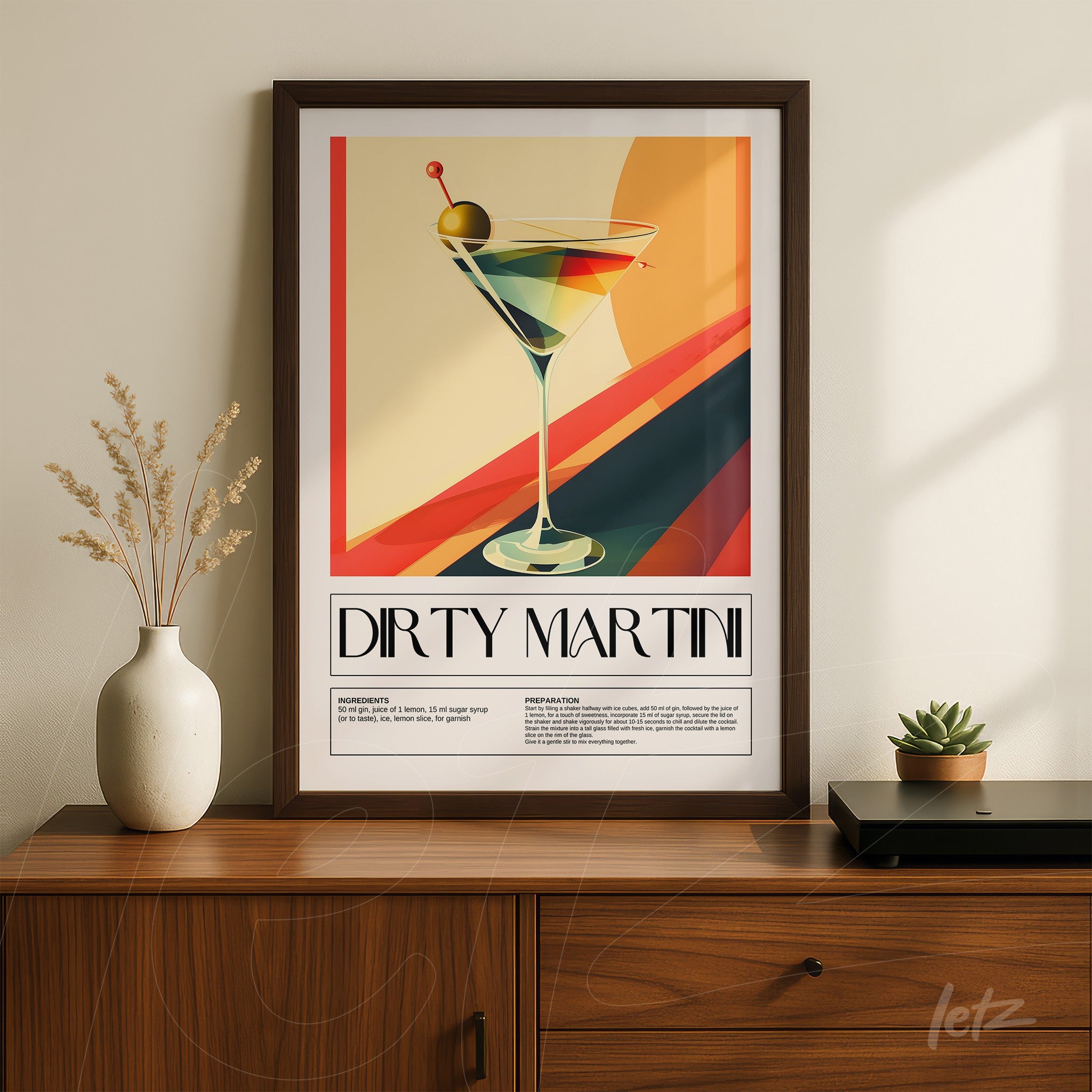 quadro com arte de coquetel dirty martini em moldura escura e fundo colorido